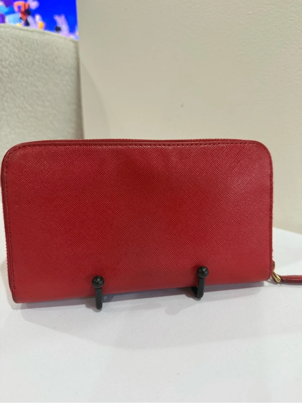 Prada Red Saffiano Zip Card Holder with Gold Logo